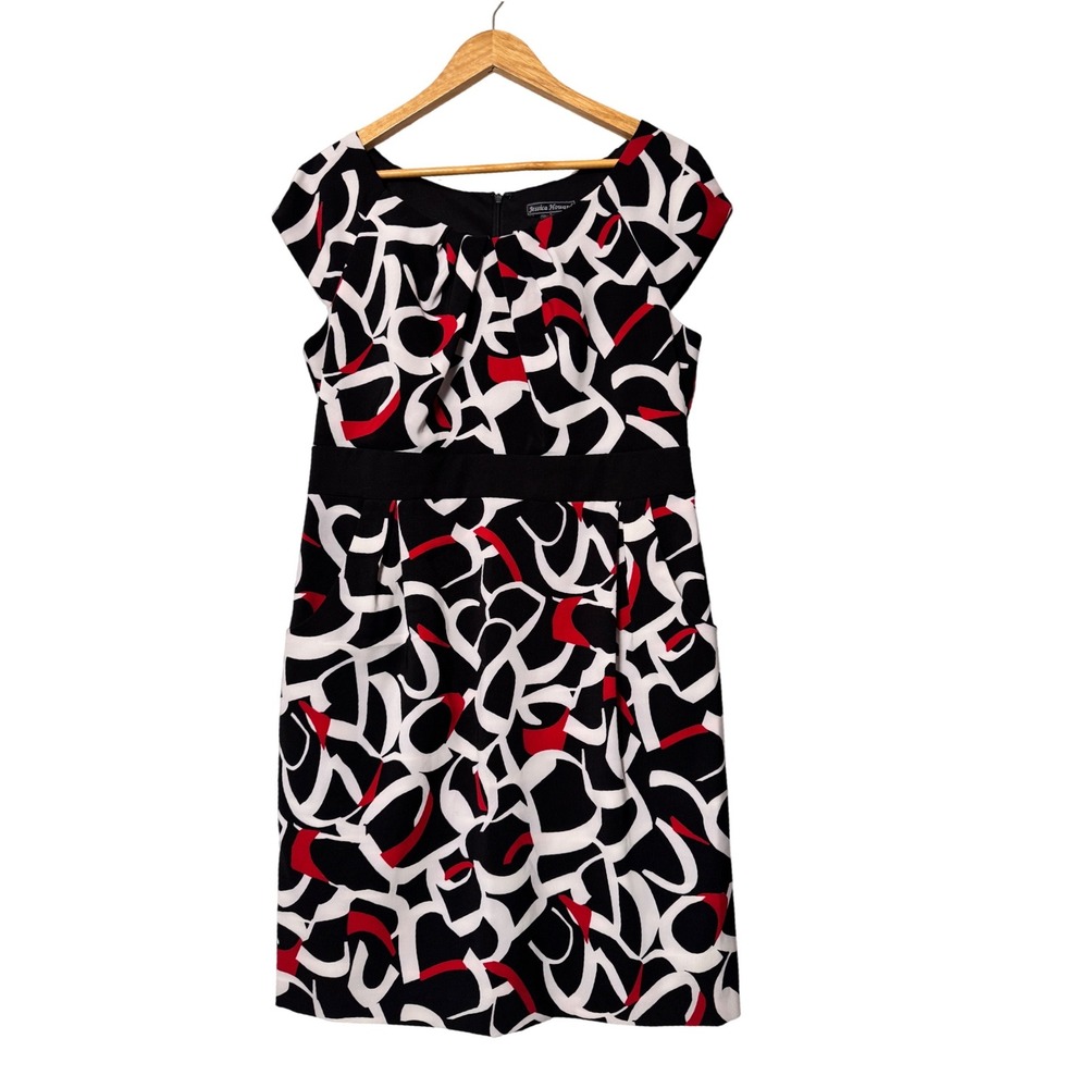 Jessica‎ Howard Womens Black Red White Abstract Print Sheath Dress Pockets Sz 14